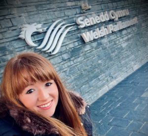 Charlotte Lenton outside the Senedd main entrance